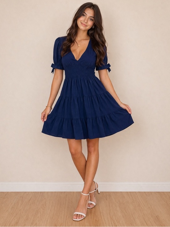 Altar'd State Dresses & Skirts - Altar'd State Navy V-Neck Tiered Mini Dress with Puff Sleeves